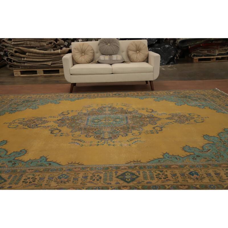Hand Knotted Oriental 100% Wool Carpet Traditional Floral Yellow & Gold Tabriz Area Rug - 12' 5'' X 9' 8''