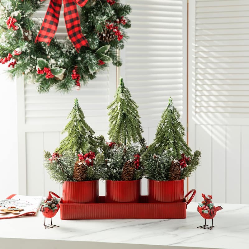 Glitzhome 21"L Christmas Metal Potted Triple Trees Centerpiece Table Settings