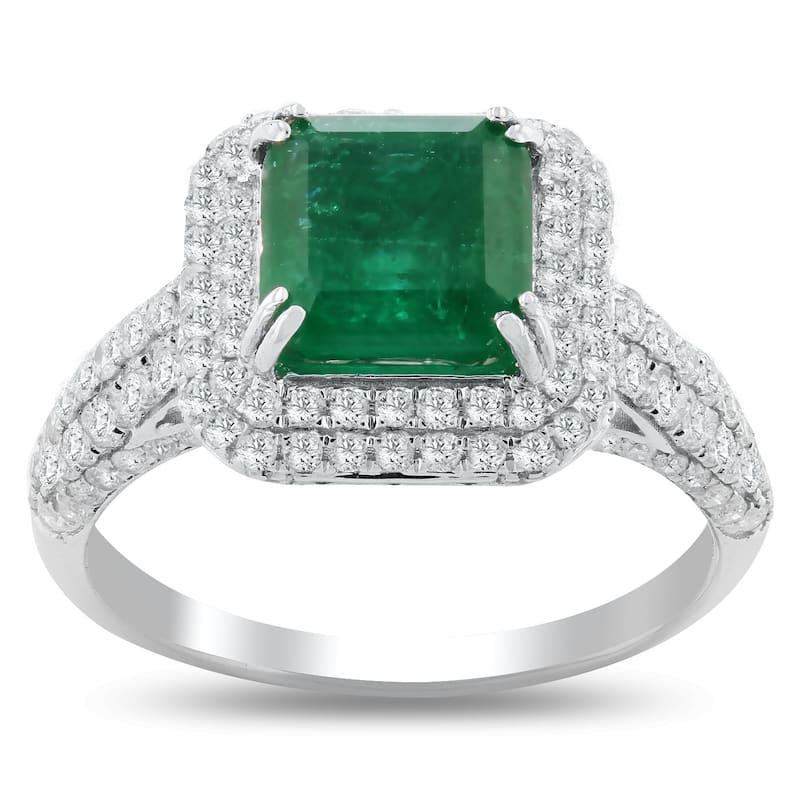 Auriya 18k White Gold 2ct Princess-Cut Emerald and 1ct TDW Diamond Halo Engagement Ring