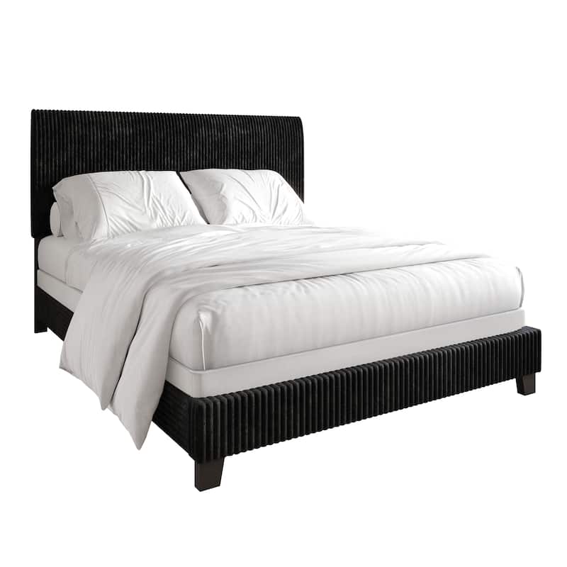 CraftPorch Corduroy 4-pieces Mid-Century Modern Black Bed with Dark Grey Furniture Bedroom Set
