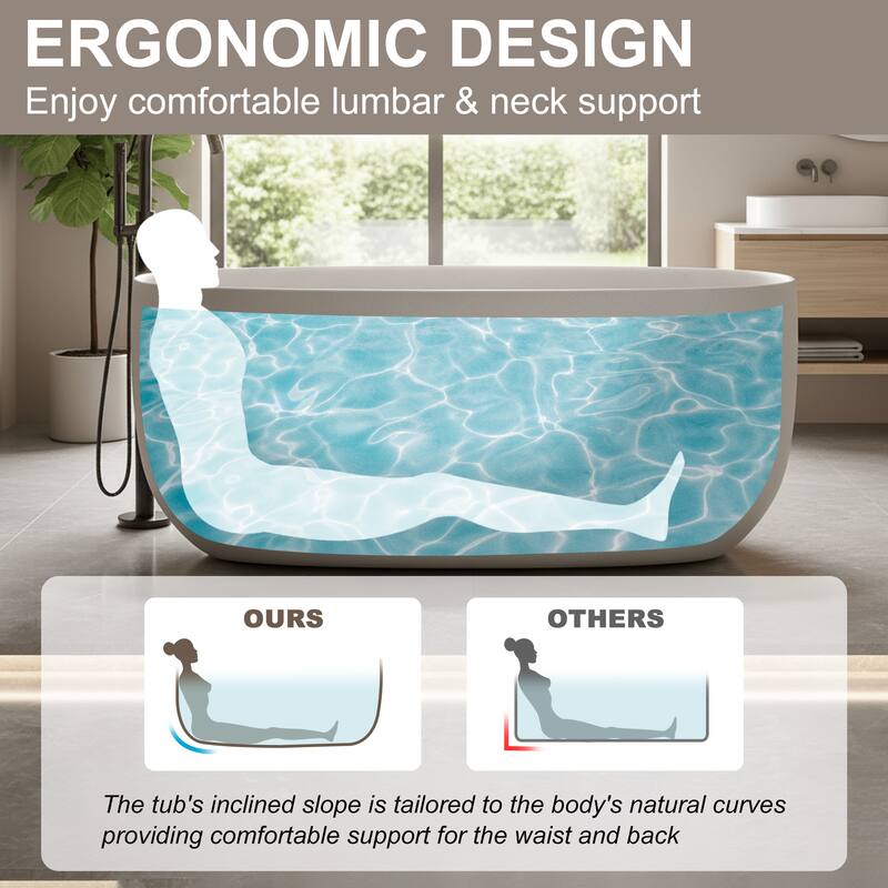 Solid Surface Freestanding Soaking Bathtub with Center Drain and Pop-up Drain, Modern Tubs with Overflow