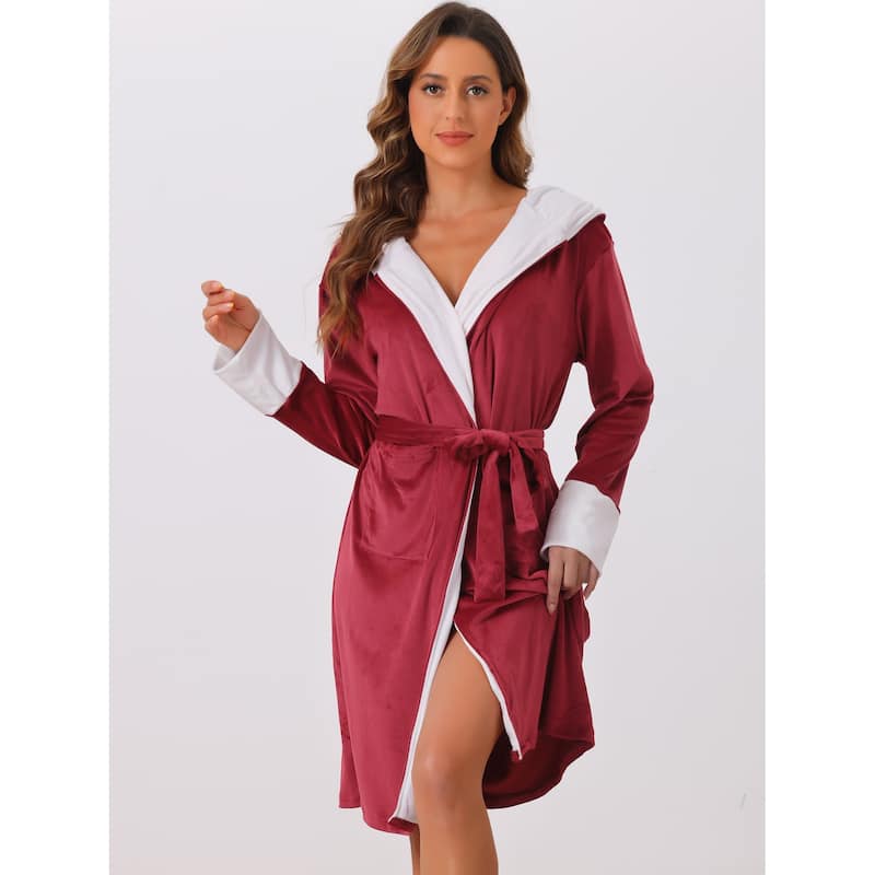 Womens Fluffy Hooded Bathrobe Plush Long Spa Robe