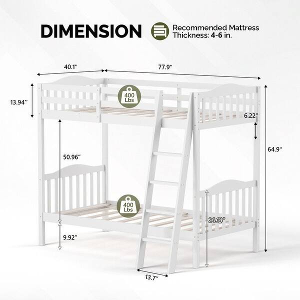 dimension image slide 4 of 5, Twin Over Twin Solid Wood Bunk Bed for Kids and Adults, No Box Spring Required