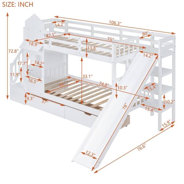 dimension image slide 1 of 2, Twin-Over-Twin Castle Style Bunk Bed with 2 Drawers 3 Shelves and Slide