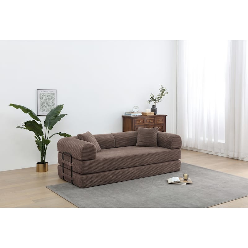 Convertible Sleeper Sofa Bed Corduroy Folding with Cylindrical Pillow Living Room - Brown
