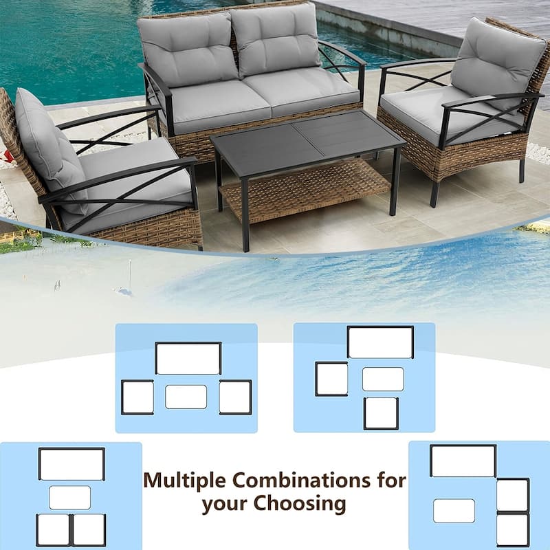 4-Piece Outdoor Patio Rattan Furniture Set, Thick Cushions&Side Table - 1 Table+2 Single chairs+1 Loveseat