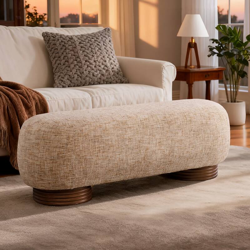 59-Inch Chenille Upholstered Ottoman Bench with Acacia Solid Wood Frame - 59.1"L x 19.1"H x 20.1"D