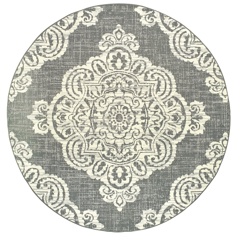 Style Haven Marianna Center Medallion Loop Pile Indoor Outdoor Rug - 7'10" Round - Grey/Off-White