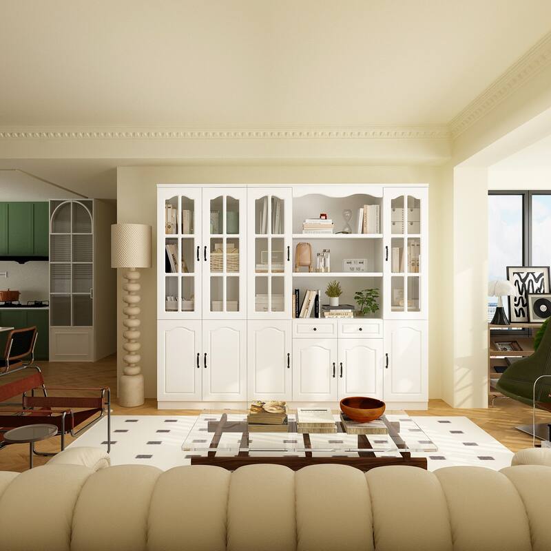 Elegant White Pantry Bookshelf Multifunctional Tempered Glass Cabinet