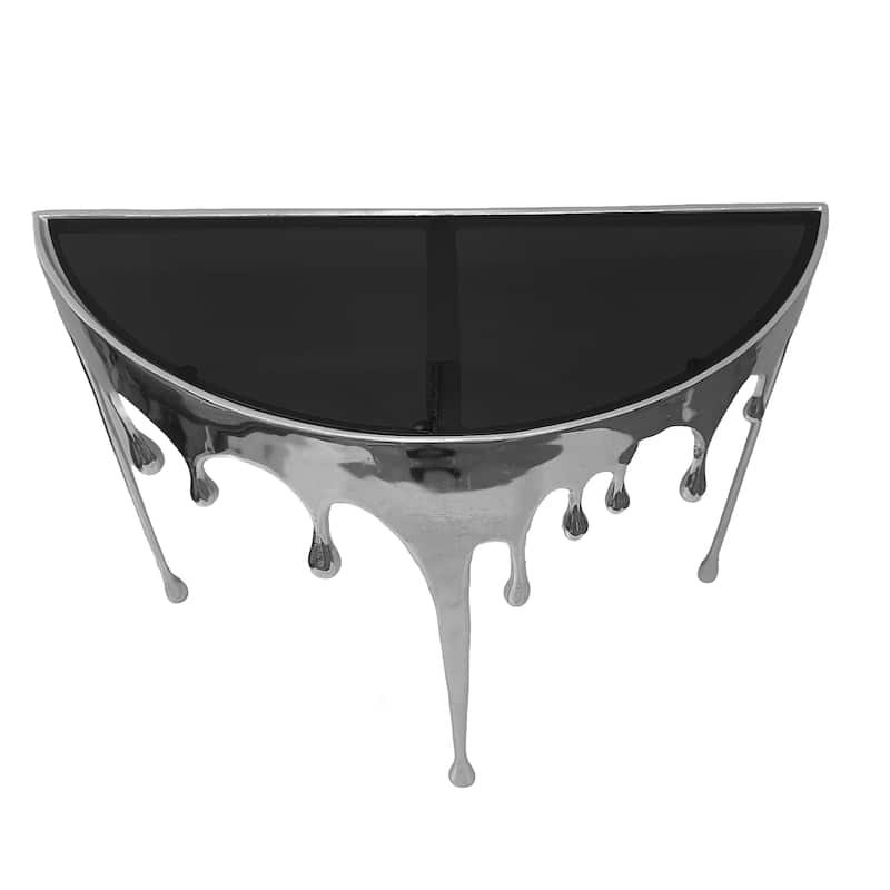 Capri Sofa Console Table, 36.25" Half Moon Glass Top, Melting Drip Design Aluminum Cast Silver
