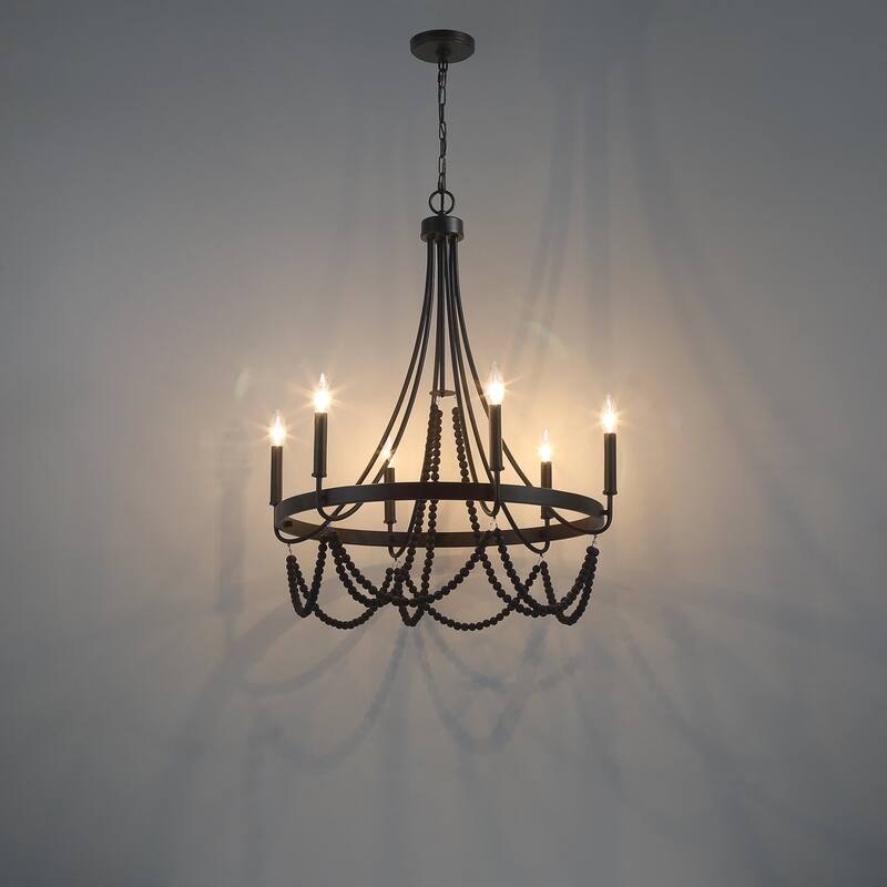 Acroma 6 - Light Steel Dimmable Candle Style Wagon Wheel Chandelier, Bead Chandelier