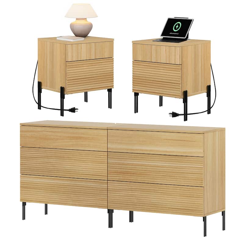 4 Pcs Wood Bedroom Set，Reeded 6 Drawer Dresser and Nightstand Sets, Night Stand Set of 2 with Charging - Oak