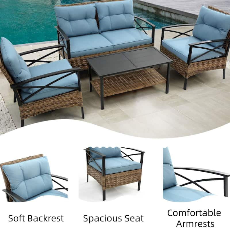 4-Piece Outdoor Patio Rattan Furniture Set, Thick Cushions&Side Table - 1 Table+2 Single chairs+1 Loveseat