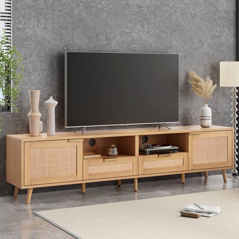 Modern Farmhouse Style Rattan TV Stand for TVs Up to 85" with 2 Storage Cabinets and 2 Open Shelves, for Living Rooms