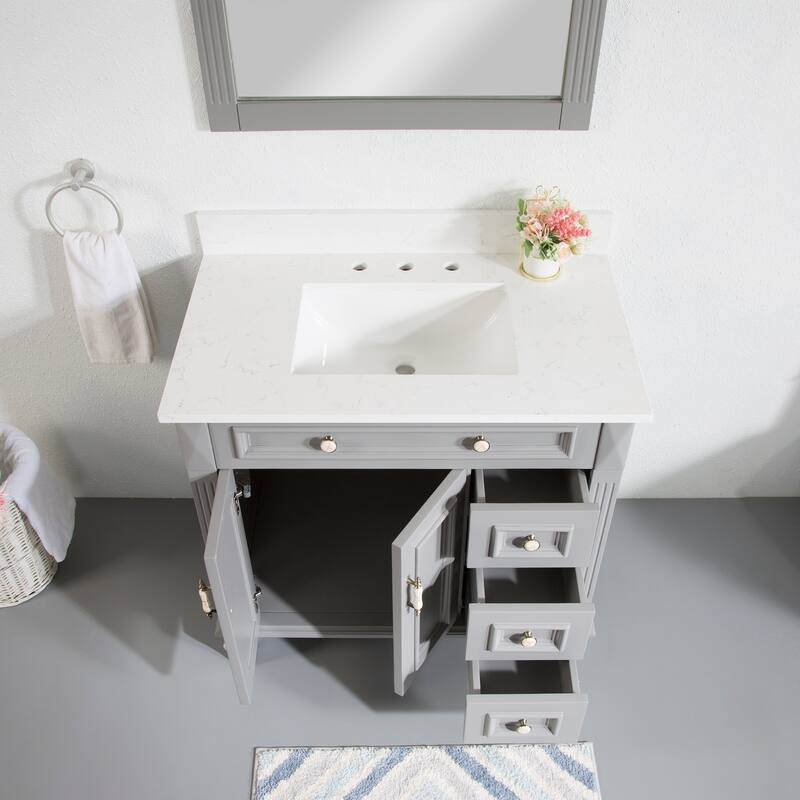 35'' H X 36'' W Solid Wood Bath Vanity with Stain-resistant Carrera Quartz Top and Single Sink