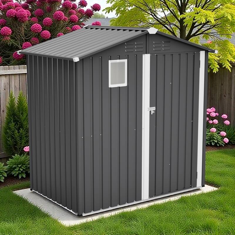 6 x 4 FT Outdoor Metal Storage Shed, Lockable Steel Tool Shed with Window, Waterproof Garden Storage