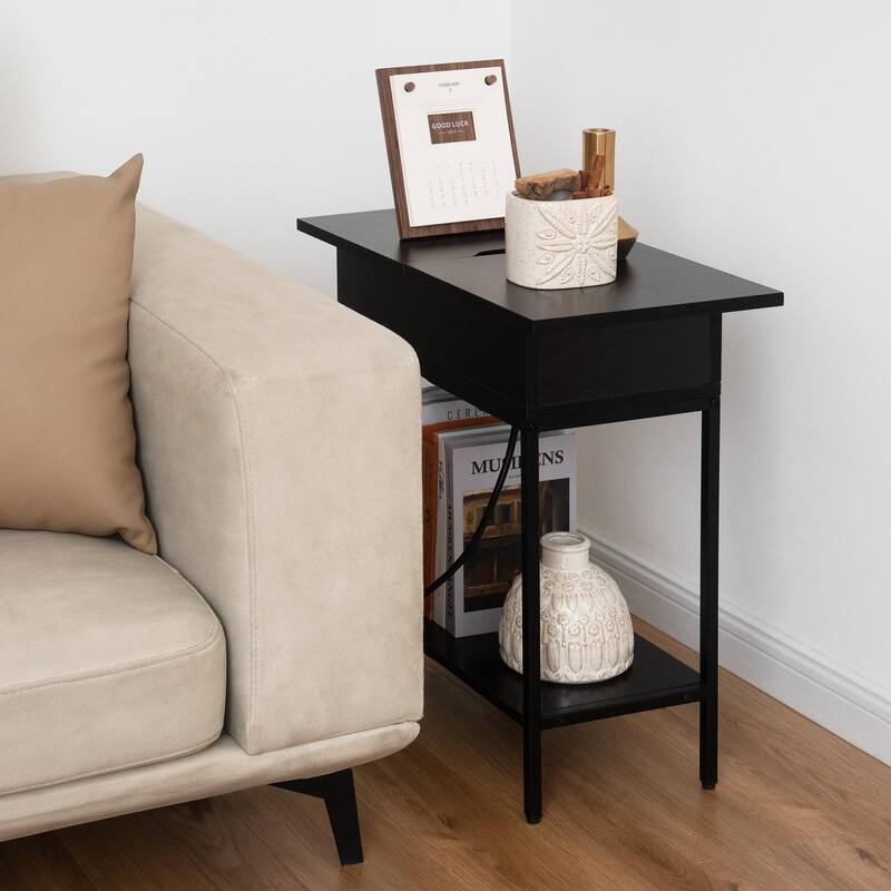 Flip Top Narrow End Table with Storage and Built-In Outlets, Small Side Table