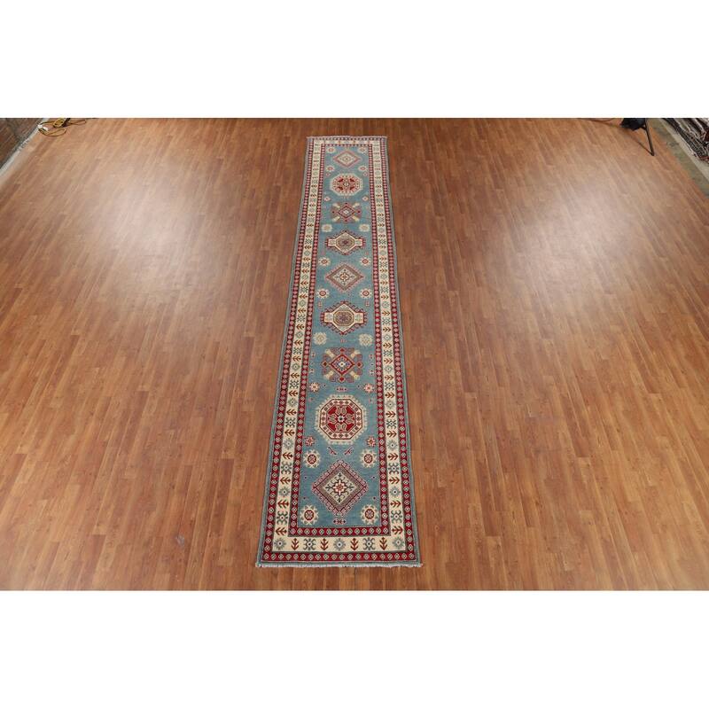 Light Blue Kazak Runner Rug Hallway Hand-Knotted Wool Carpet - 2'10" x 15'2"