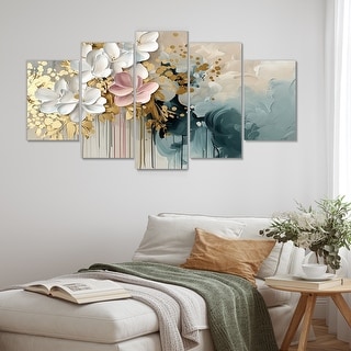 Designart - Gold Floral Brushstroke Abstract Painting - Flowers Canvas Wall Art Set - Oversized Traditional Wall Decor
