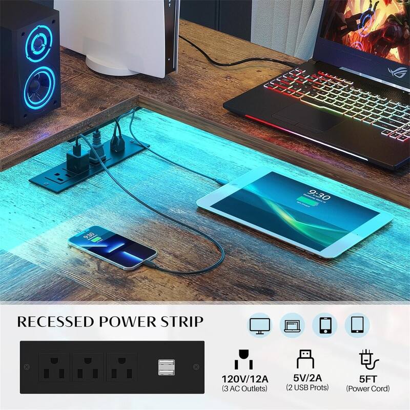 L Shaped Desk with Power Outlet and LED Strip