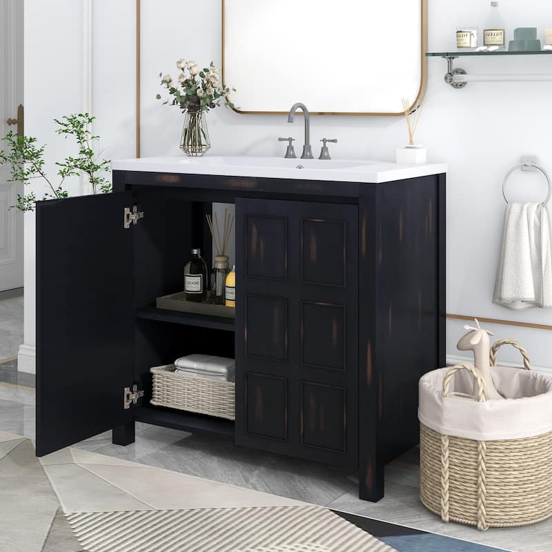 GDFStudio - Elysia Wood & Ceramic Bathroom Vanity with Sink & Storage Cabinet Organizer