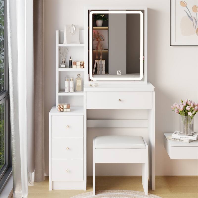 Small Size Left Bedside Cabinet Vanity Table + Cushioned Stool