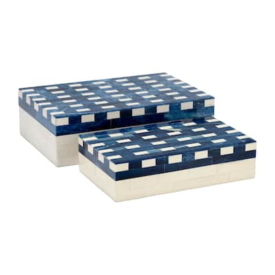 Sagebrook Home Resin Set Of 2 Plaid Boxes, Blue, Rectangle, 4"H, - 12" x 8" x 4"