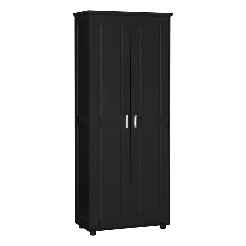 Roomfitters Tall 2-Door Storage Cabinet with 5-Tier Adjustable Shelves, Modern MDF Linen Tower for Bathroom & Office, Black