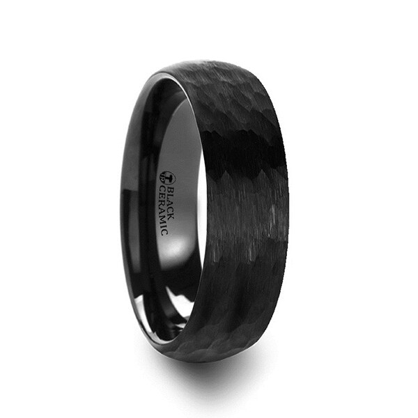 Ragnarok Domed Hammer Finish Black Ceramic Wedding Band With Ragnarok Domed Hammer Finish Black Ceramic Wedding Band With Brushed