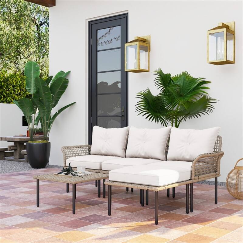 5-Piece Outdoor Patio Furniture Set PE Rattan Chairs Stool and Coffee Table with Cushions for Garden Balcony Porch