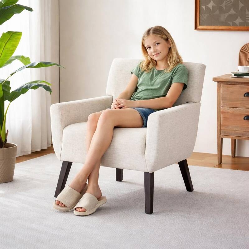 Modern Upholstered Armchair with Linen Fabric, Comfortable Accent Chair for Living Room, Bedroom or Office – Beige/blue/grey