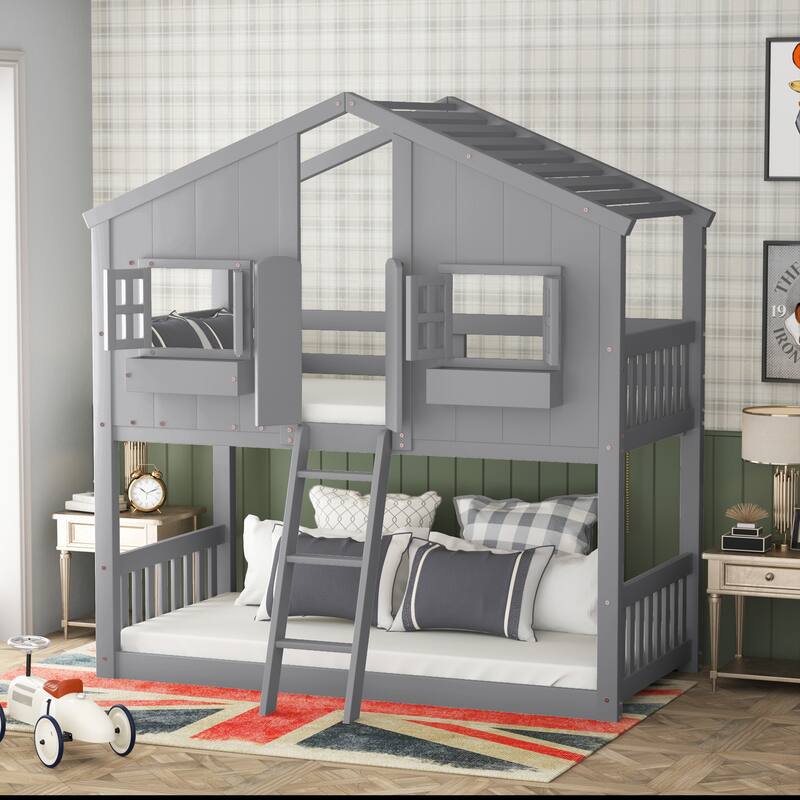 Twin over Twin House Bunk Bed with Roof