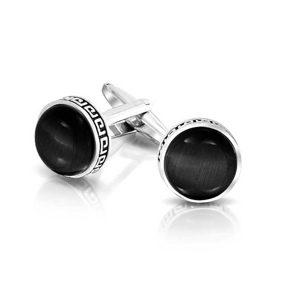 Rectangle Stainless Steel Silver Tone and Black Greek Key Pattern Cufflinks