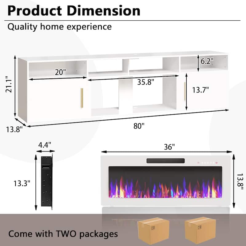 BOSSIN 80" Floating TV Stand with 36" Electric Fireplace, High Gloss Finish Wall Mounted Fireplace TV Stand with Storage