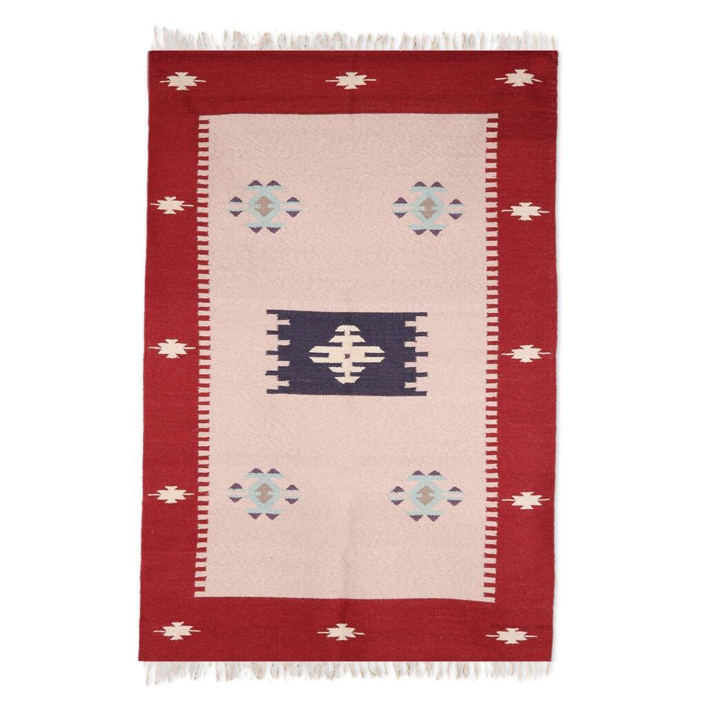 Handmade Khaki Geometry Wool area rug (India) - Big