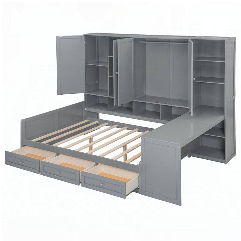Wooden Daybed With Three Drawers and All-in-One Cabinet