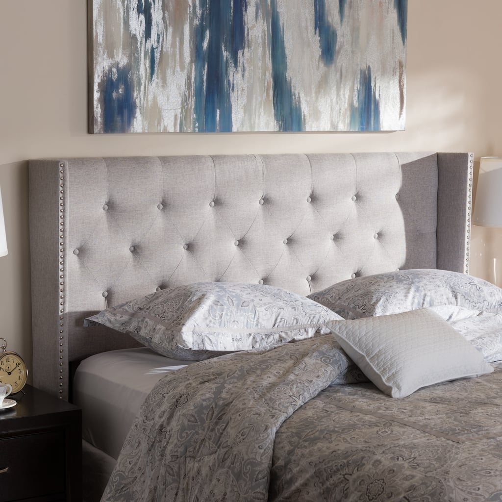 King Size Winged Headboard - Fabric Upholstered Bed Headboard, Greyish Beige, Button Tufted Nailhead Trim