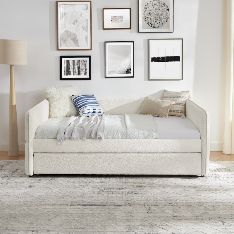 Roomfitters Twin/Full Boucle Daybed with Trundle, Upholstered Sofa Bed Frame with Vertical Stripes, Beige - Beige - Full