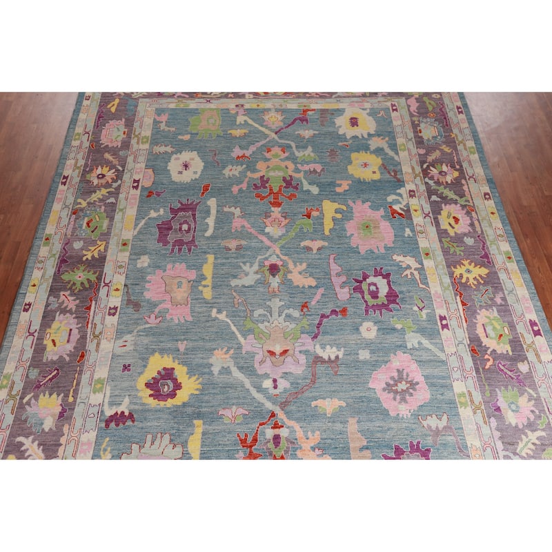 Hand Knotted Oriental 100% Wool Carpet Transitional All-Over Navy Blue & Blues Oushak Area Rug - 14' 1'' X 10' 3''