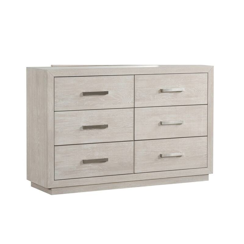 Kexa Wide Dresser, 6 Drawers, Light Gray Solid Wood, Nickel Metal
