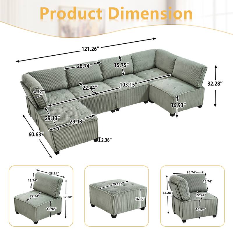 Ergonomic Lounge Modular Couch Corduroy Sectional Sofa with Deep Seat Ottoman Chaise and High-Rebound Thick Cushions