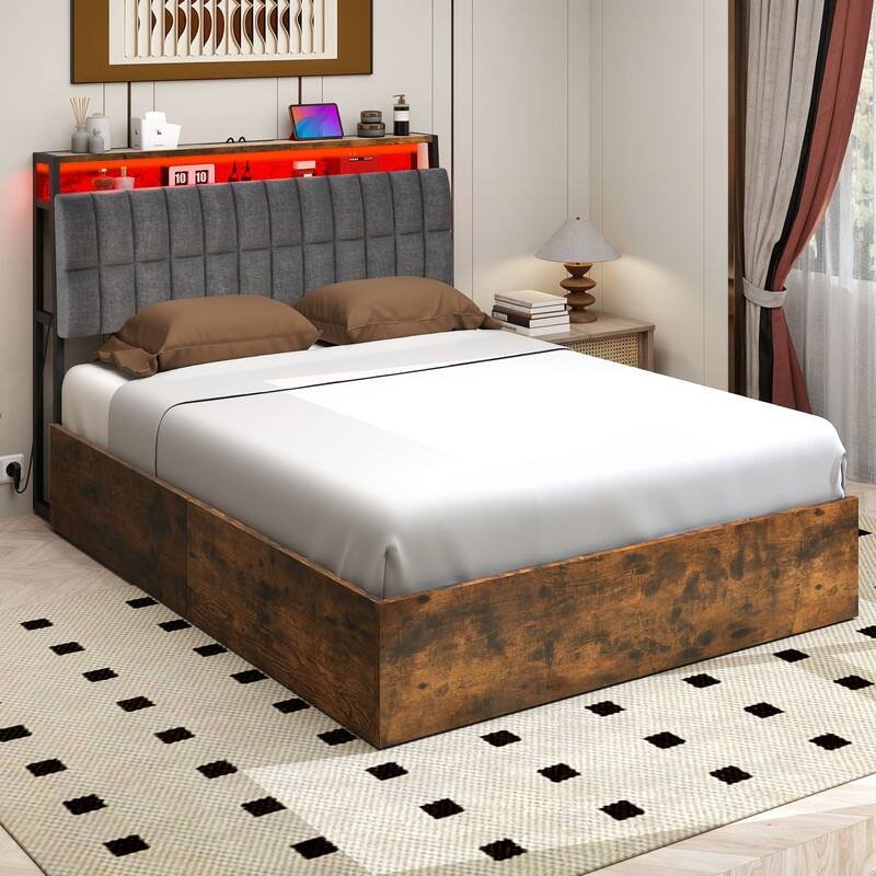 Moasis Lift-Up Storage Bed Frame with Charging Station & Storage Headboard