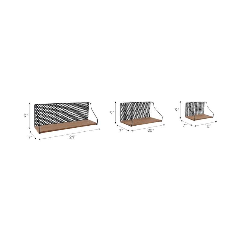 Metal Wood Rectangular Wall Shelf Set - Brown, 16/20/24" - 24.0"