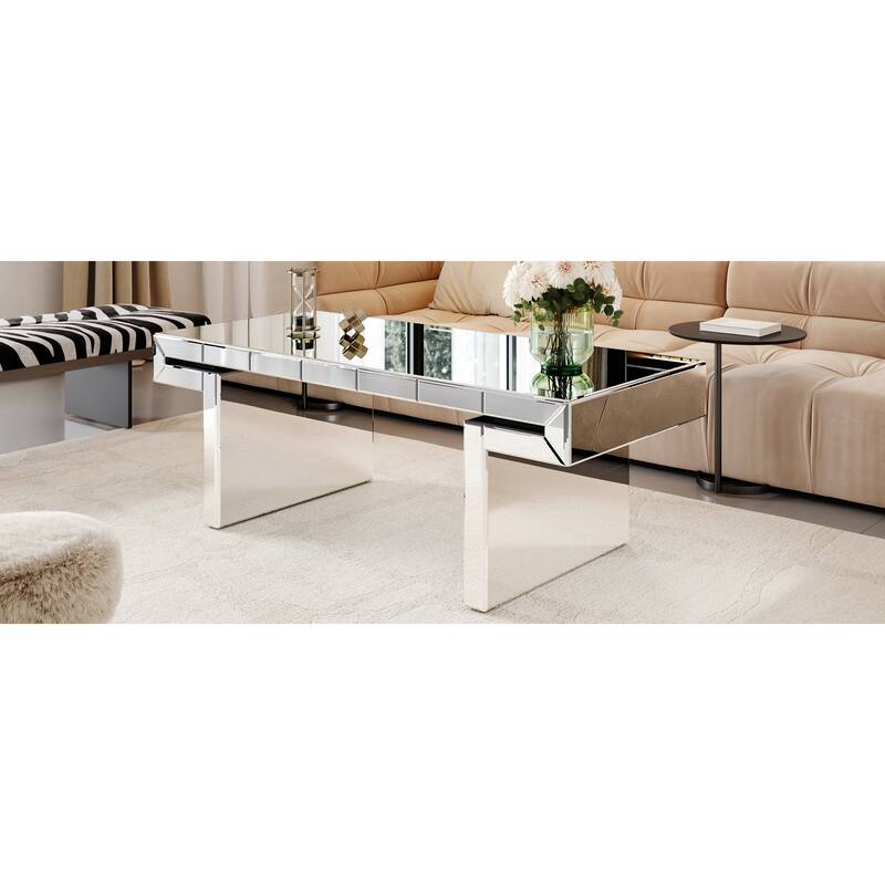 Roomfitters 47" Rectangular Mirrored Coffee Table, Fluted Tempered Glass Center Table for Living Room, Silver
