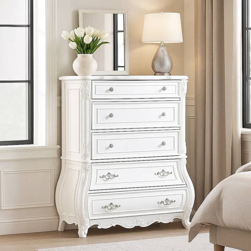 Valena Tall Dresser Chest, 5 Drawers, White Solid Wood, Metal Handles
