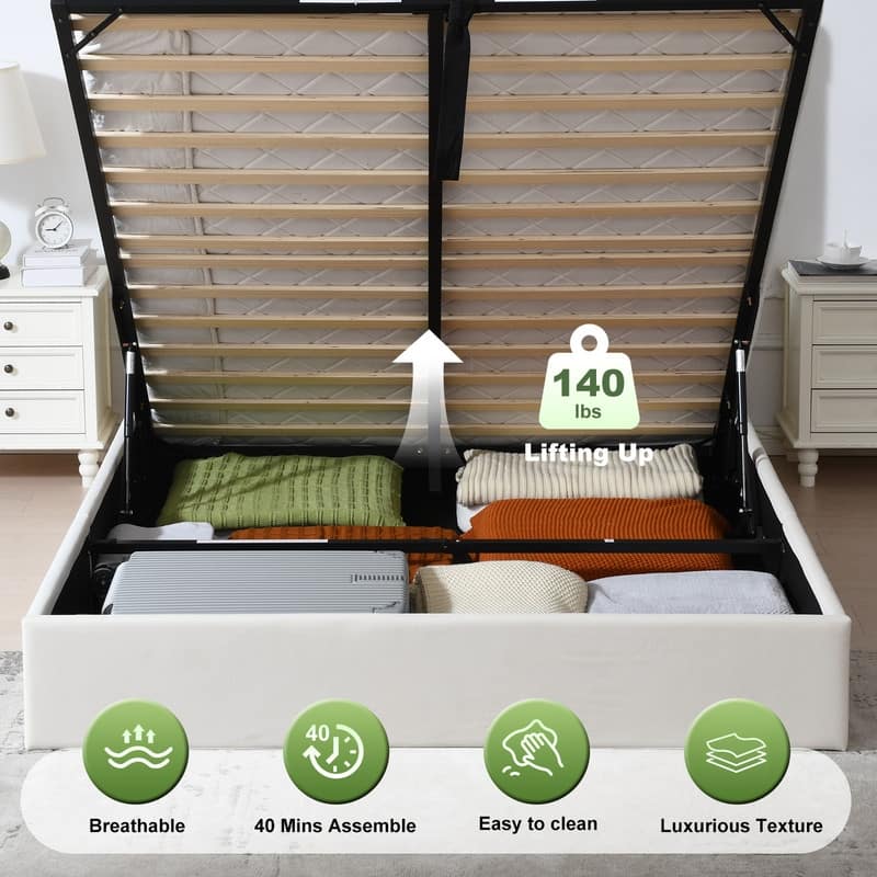 Upholstered Platform Bed With Charging Station & LED Lights