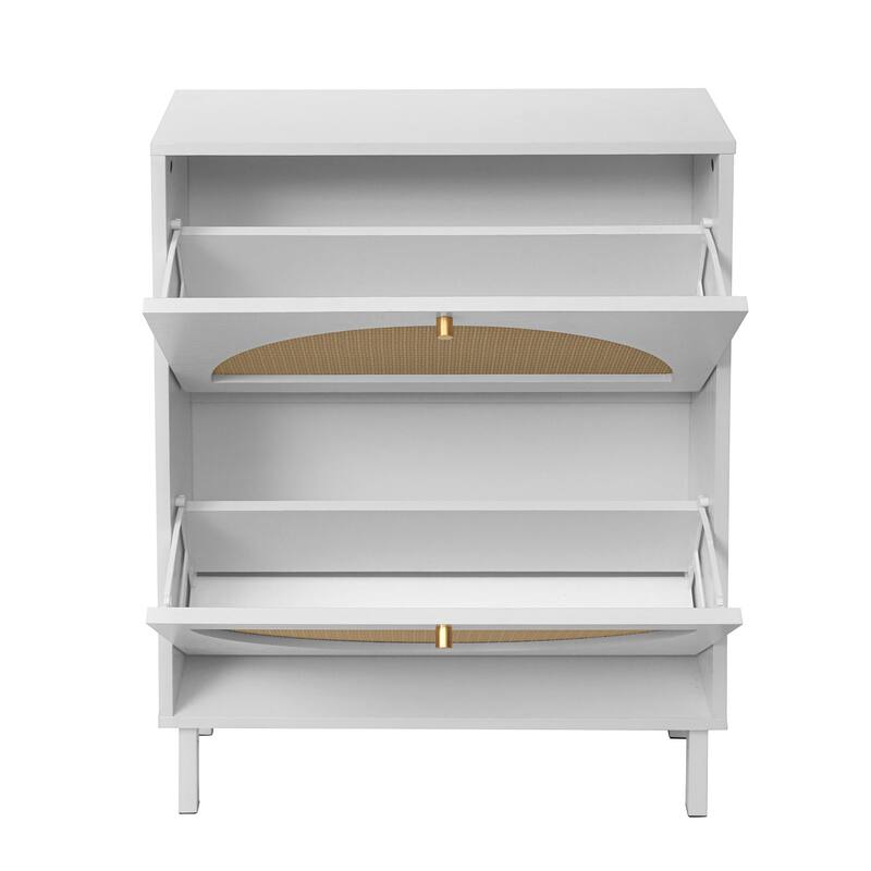 Rattan Shoe Cabinet with 2 Flip Drawer, Freestanding Entryway Organizer, Shoe Rack with Metal Legs for Living Room, Hallway