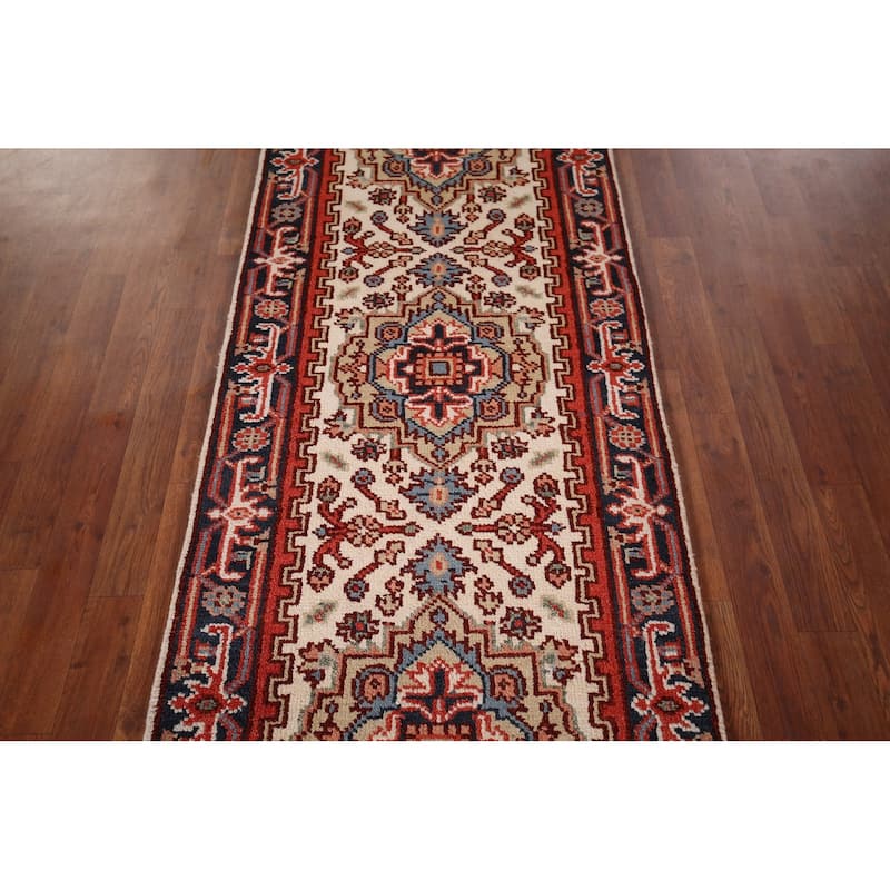 Ivory Geometric Heriz Serapi Oriental Runner Rug Handmade Wool Carpet - 2'7"x 8'1"