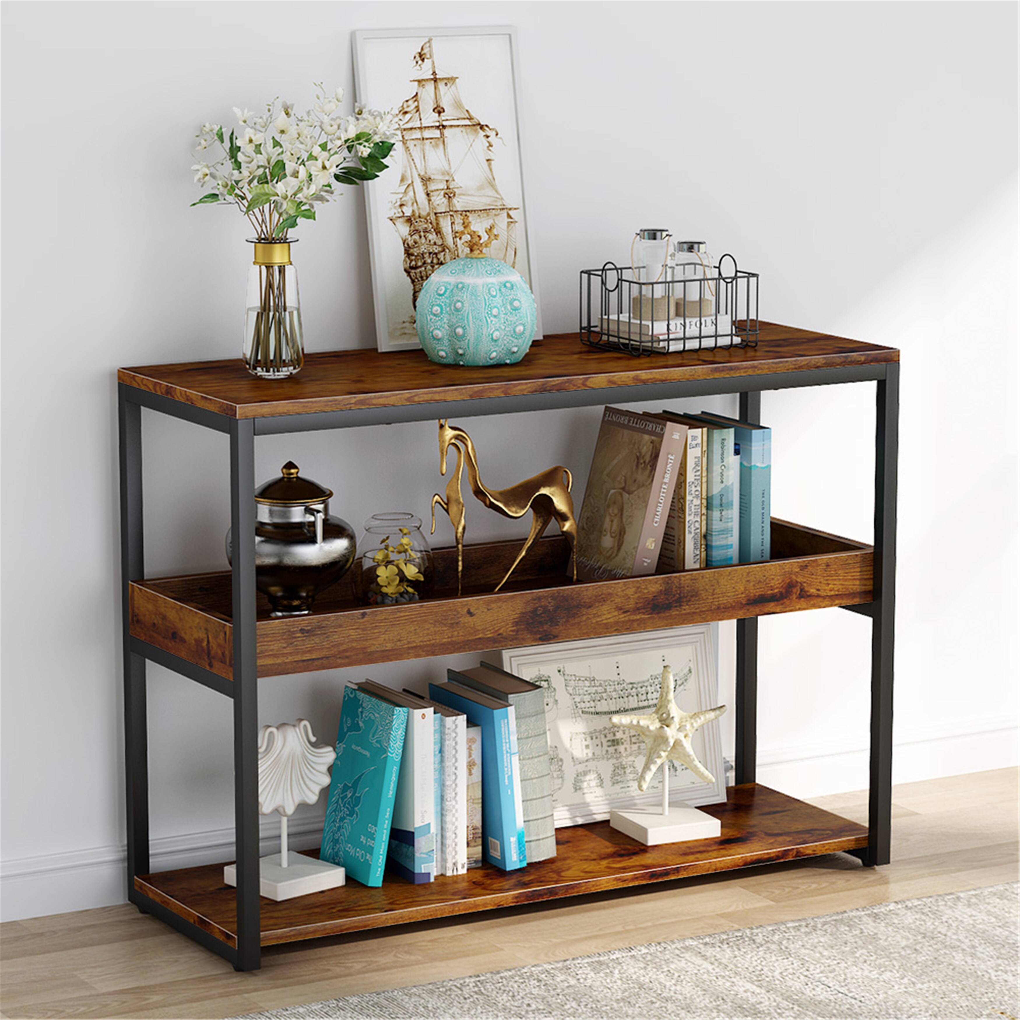 Industrial Foyer Table for Living Room Steel Frame Entry Way Brown BTM Console Table,3-Tier Console Sofa Table Industrial Foyer Table for Living Room Steel Frame Entry Way Brown BTM Console Table,3-Tier Console Sofa Table
