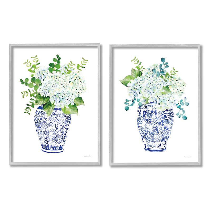Stupell Blue Floral Bouquets Lush Green Botanicals Ornate Pot 2pc Multi Piece Framed Wall Art Set